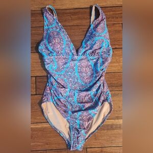 J. Crew Blue and Pink One Piece Swimsuit with Floral Pattern New Size L